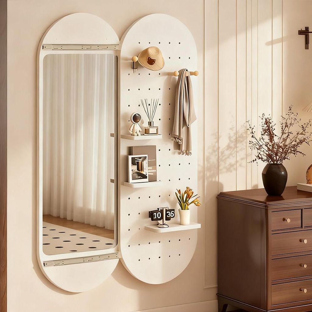 Schiebespiegel mit Lochplatte – Ganzkörperspiegel, Wand- & Ankleidespiegel, Versteckter Spiegel für Schlafzimmer & Flur Weiß 40x150cm 【JZ-DD...
