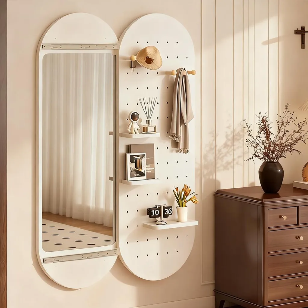 Miroir intégral blanc 40x150cm avec plaque perforée et rangement caché