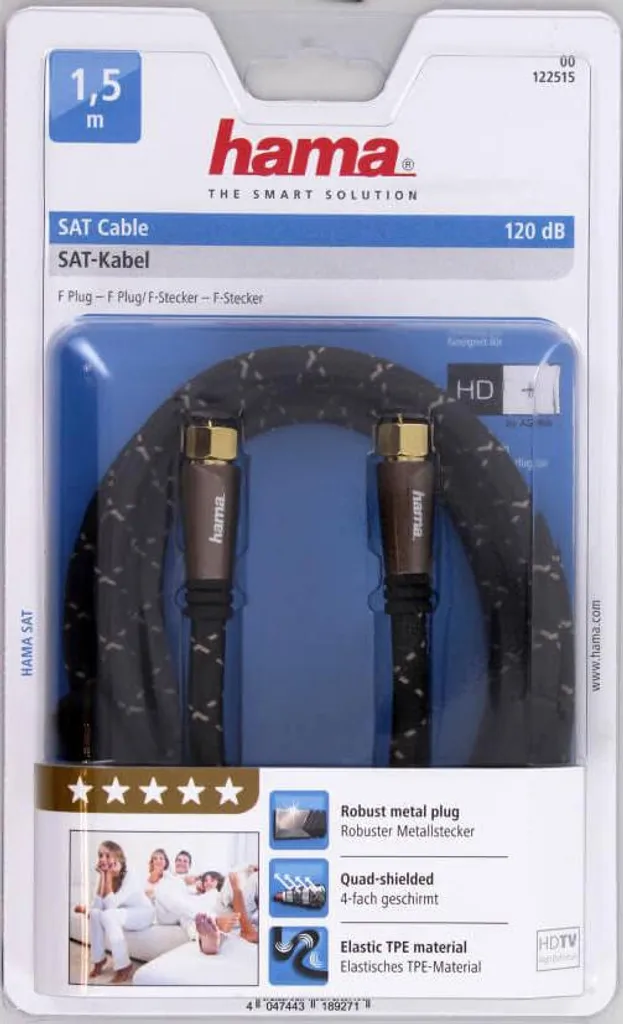Câble d'antenne pour décodeur satellite 1,5m blindage 120dB noir Hama