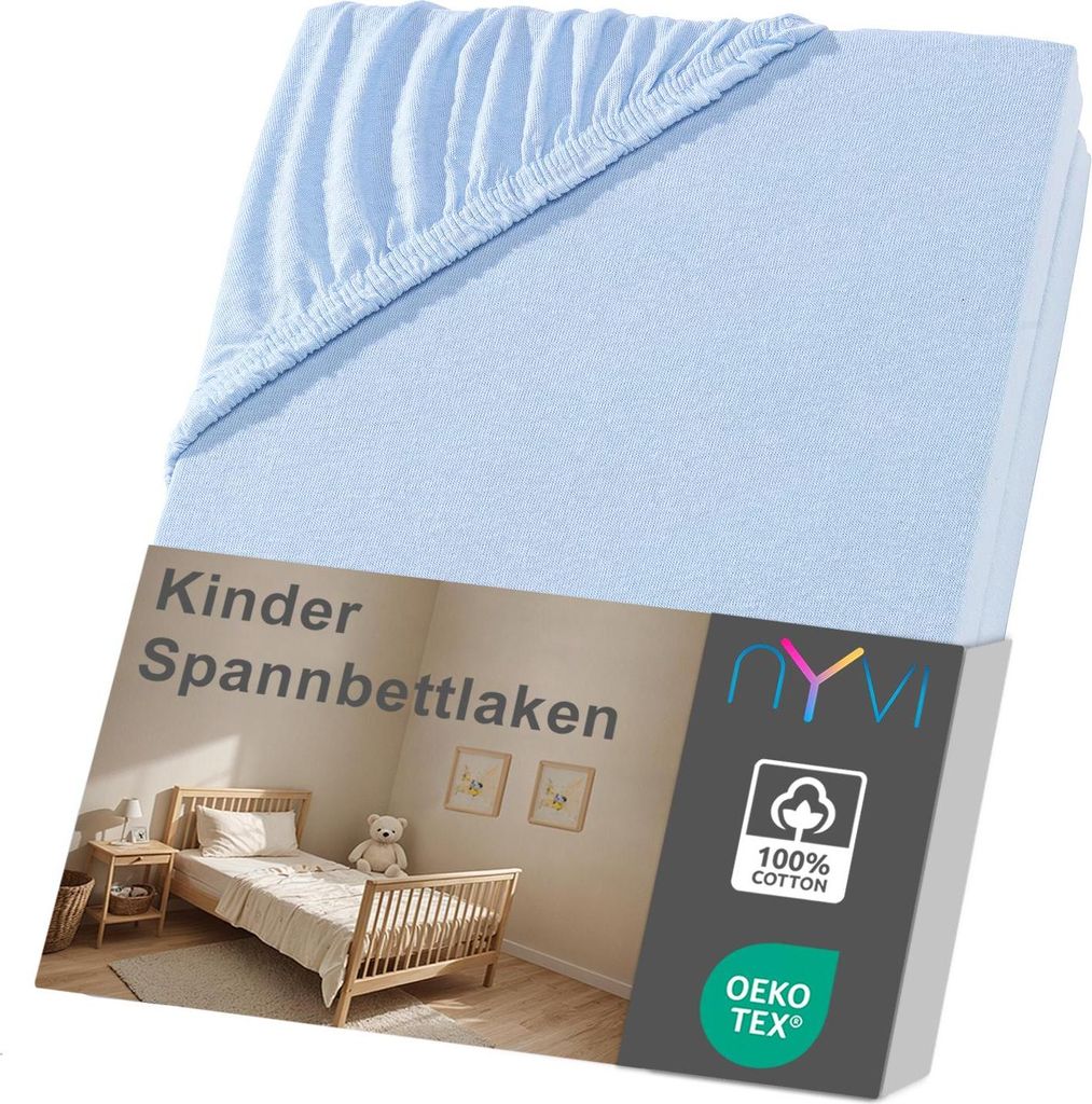 NYVI Kinder Spannbettlaken Junior 70x140 cm hellblau für Kinderbettmatratzen bis 12cm Höhe - Weich & Anschmiegsam, Rundumgummizug, Bügelfrei