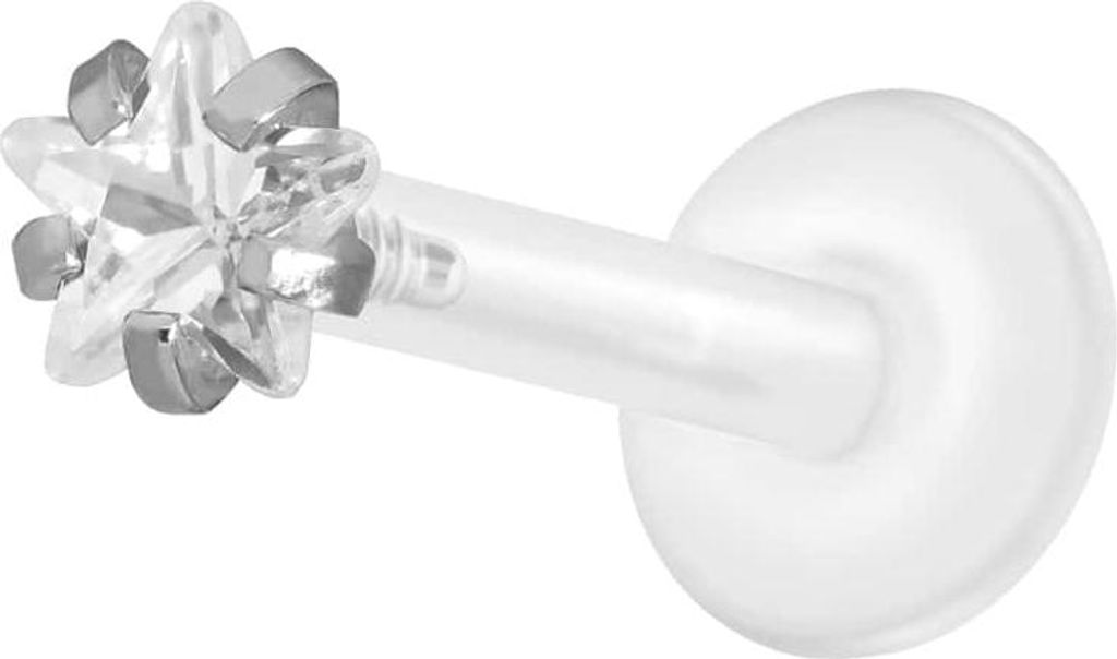 Ohrpiercing, Nasenpiercing PTFE Labret mit Innengewinde + Titan-Aufsatz EINGEFASSTER KRISTALLSTERN Silber Stablänge: 9mm | Stabstärke: 1,2mm