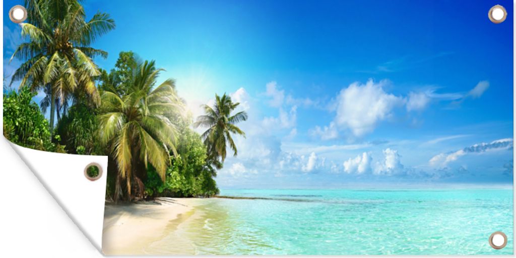 MuchoWow 60x30 cm Outdoor-Poster Gartendeko Sichtschutz Garten Poster für den Garten Meer - Palme - Strand - Tropisch - Blau - Grün