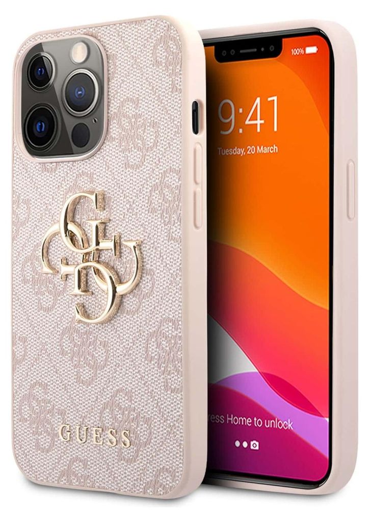 A pink Guess phone case with a gold logo is shown next to an iPhone.