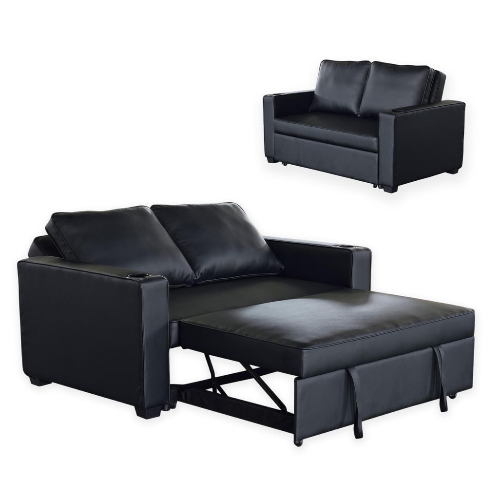 Happy Home 2-Sitzer Schlafsofa mit Ausziehfunktion Sofabett mit Getränkehaltern & Kissen Kunstleder Couch Schwarz