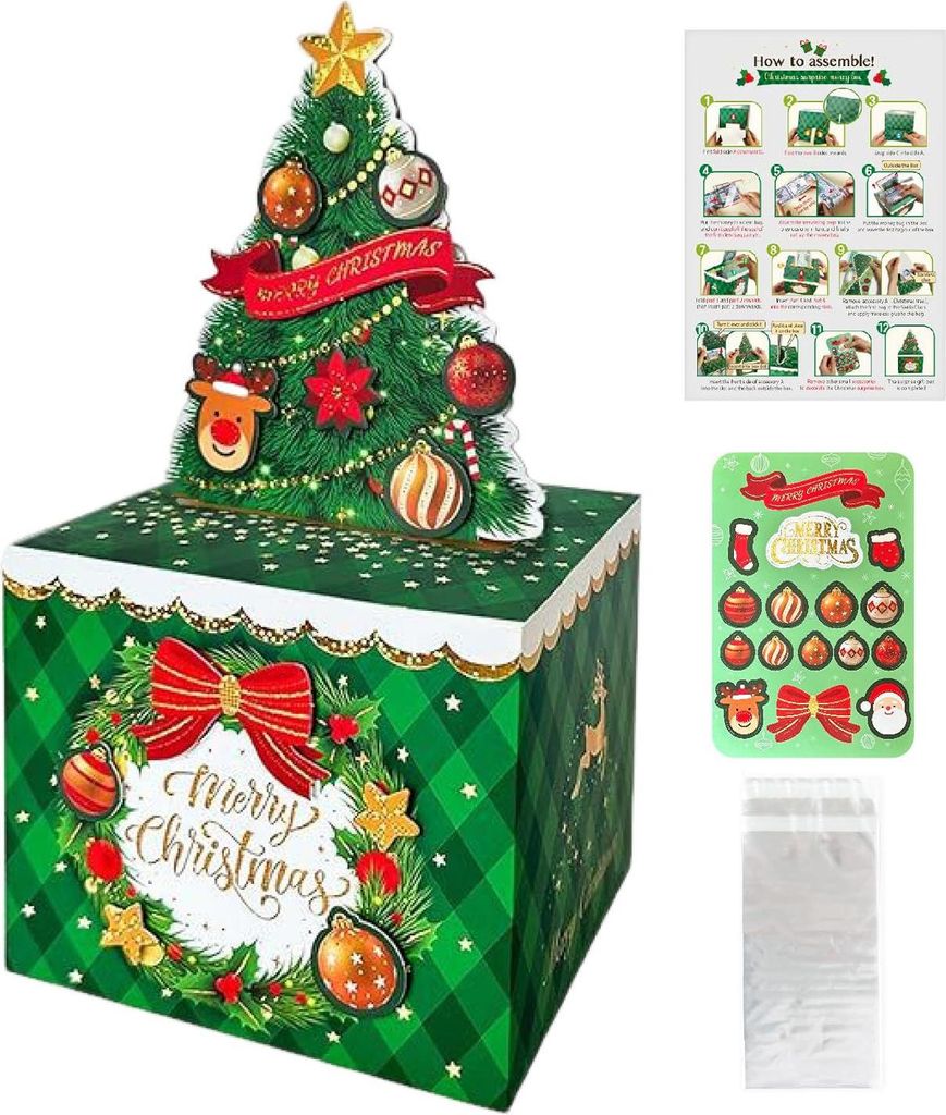 Weihnachtsgeldkasse zum Herausziehen – Fröhliche Weihnachten Geldkassette mit 60 transparenten Beuteln – DIY-Weihnachtsgeldkassette – Überr...