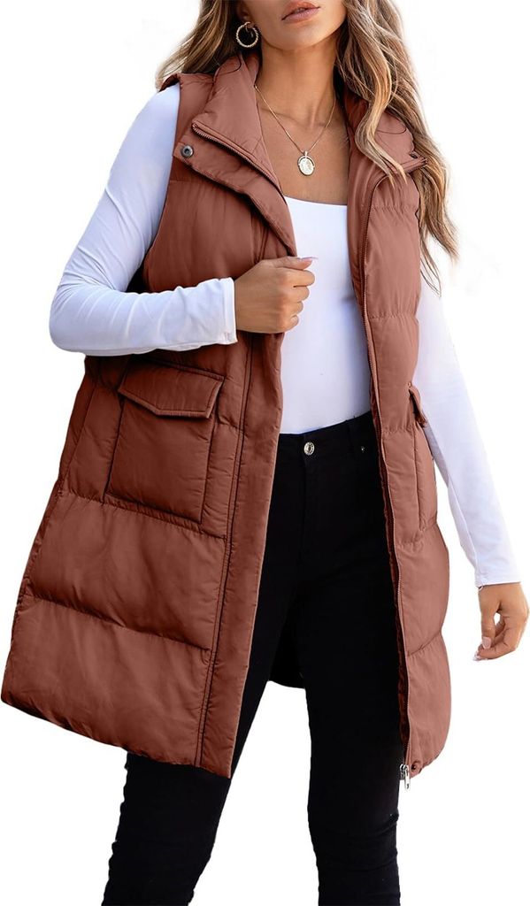 ASKSA Damen Weste aermellose Daunenweste Winter Lange Steppweste Warm Leichte Outdoor Loose Winterjacke Laessig Mantel (Braun,M)