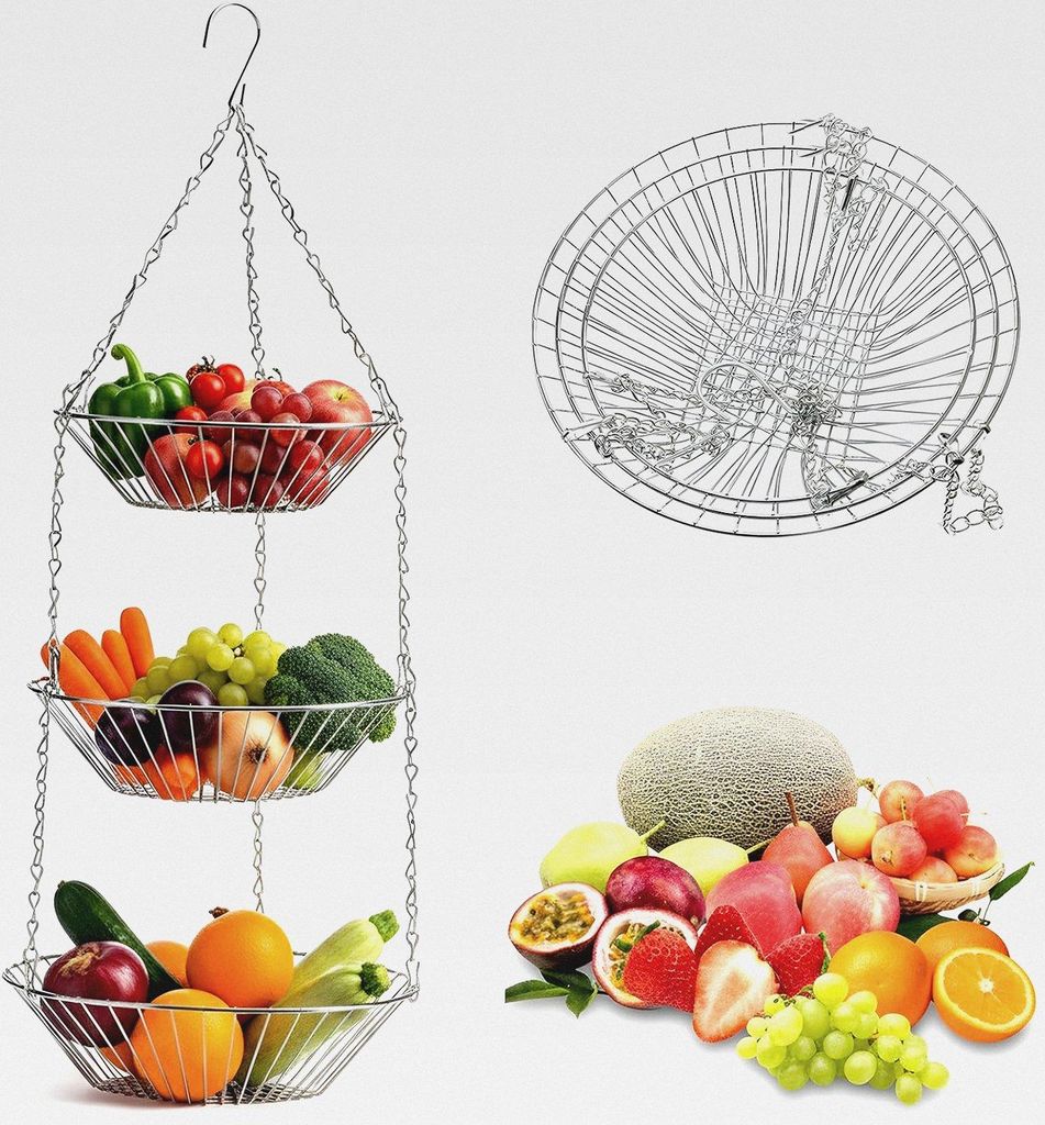 Metall Hängender Obstkorb mit Haken, H x D: 74 x 28 cm, Edelstahl Hängender Obstkorb, Obstschale, Ideal zur Aufbewahrung von Obst, Gemüse, Brot ...