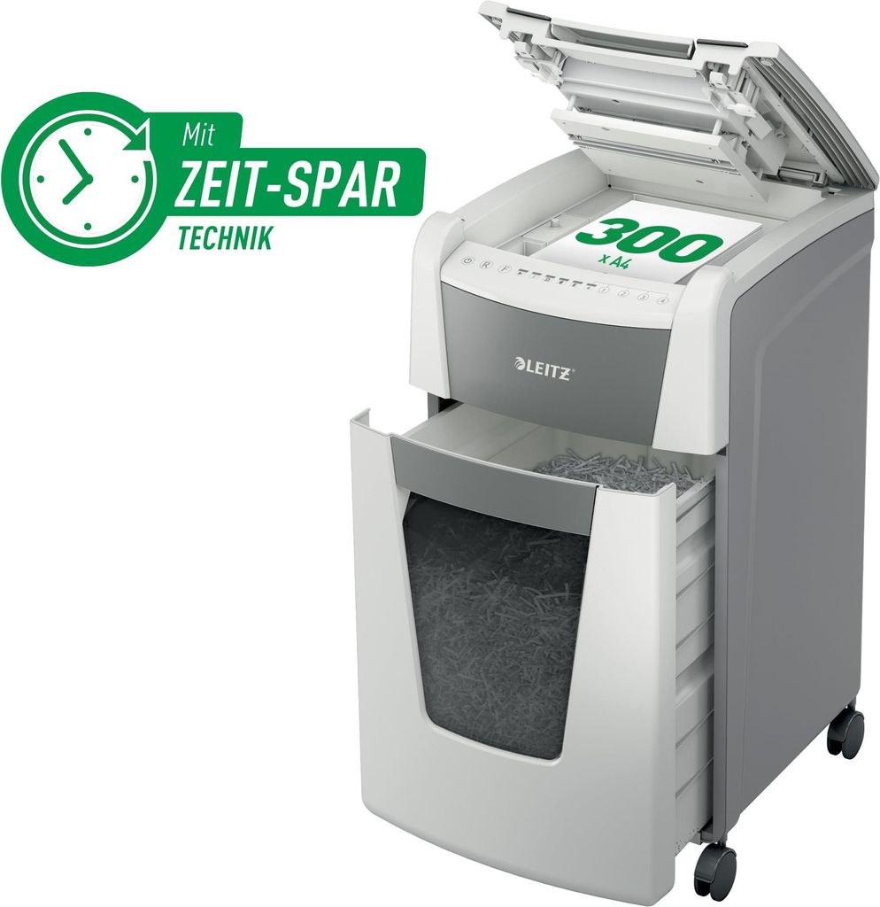 A Leitz IQ Autofeed shredder is shown in a studio setting with a white background.
