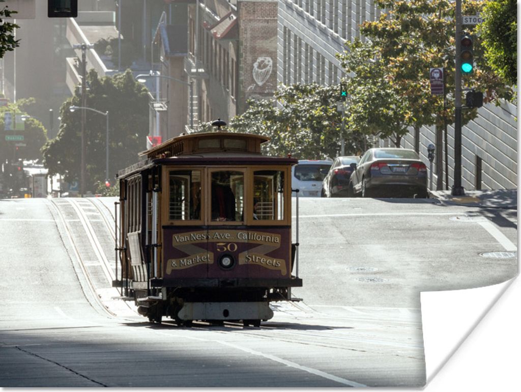 MuchoWow Poster Eine Straßenbahn fährt an den antiken Häusern San Franciscos vorbei 160x120 cm - Foto Plakat