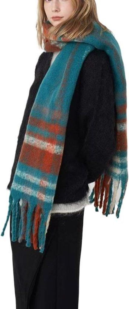 Supergroßer, blauer und oranger dick gefächerter Damen-Übergangsschal mit passender Farbe und großen Pins, lange Winterdeken, modischer großer...