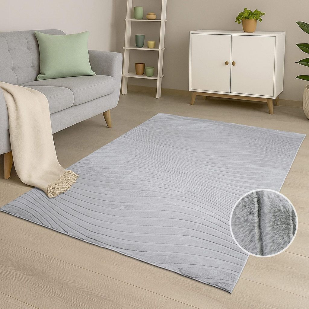 Teppich Kurzflor Wohnzimmer - 200x290 cm in Grau - Modernes Wellen-Muster in 3D-Optik