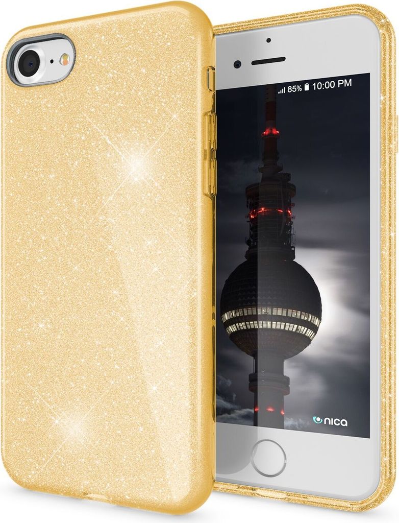 NALIA iPhone SE 2022 / SE 2020 / iP 8 / iP 7 - Glitzer Hülle Bling Case Handy Gold
