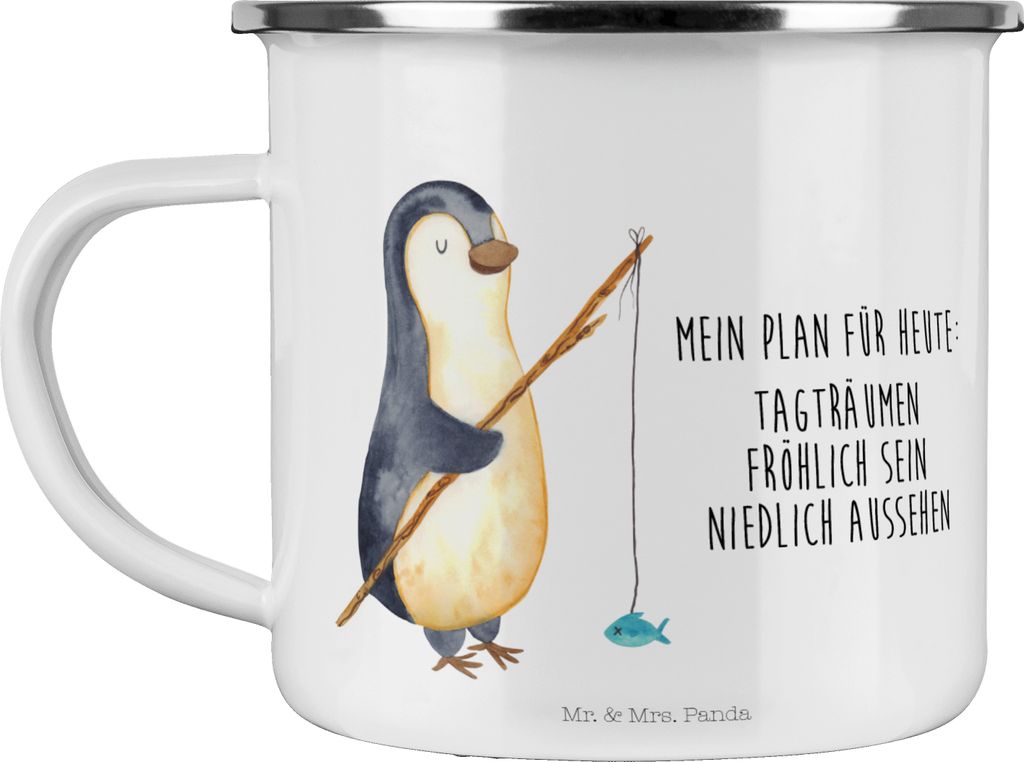 Mr. & Mrs. Panda Teetasse Pinguin Angler - Weiß - Geschenk, Campingtasse, becher emaille, Freundinnen, Blechtasse, Tasse, Emailletasse, Motiviert,...