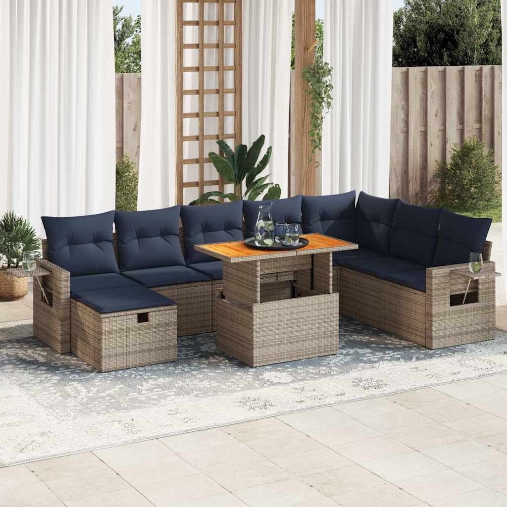 Möbel 9-tlg. Garten-Sofagarnitur mit Kissen Grau Poly Rattan Akazie - Gartenmöbelgarnituren 3328048