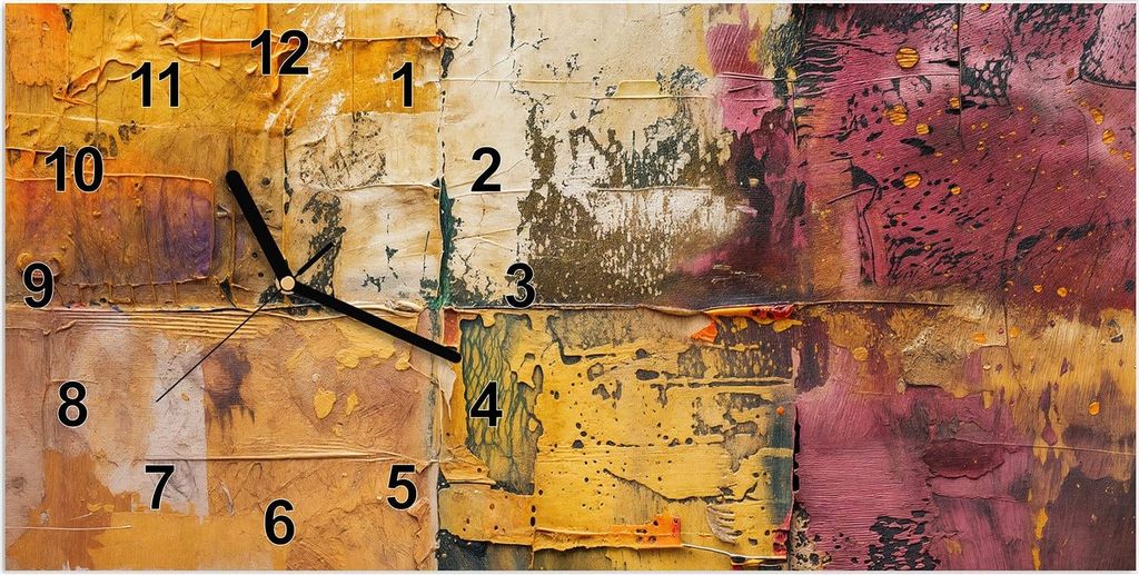 Wanduhr aus Glas mit Motiv Kunst Collage Textur- 60 x 30 cm - inkl. Aufhängesystem