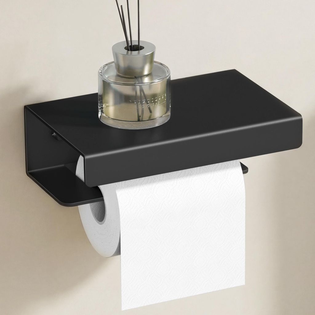 doporro Toilettenpapierhalter mit Ablage, Klopapierhalter aus Aluminiumlegierung zur Wandmontage,Klorollenhalter für Badezimmer Sandschwarz Lino-05