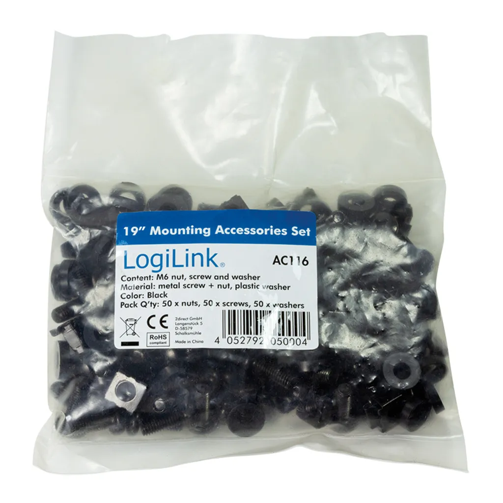 LogiLink AC116 Kit Montaggio M6 50 Pezzi per Rack 19" - Viti e Dadi Neri - 2