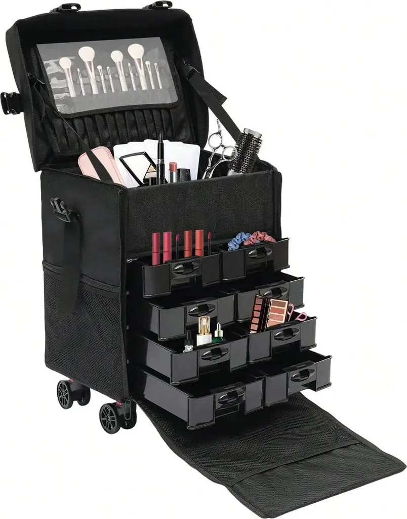 Trolley de Maquillage Noir avec 8 Tiroirs Amovibles et Roues 360 Degrés