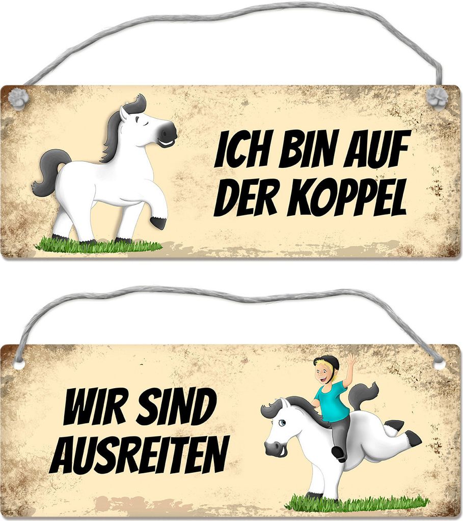 Weißes Pferd ist ausreiten oder auf der Koppel Wendeschild mit Kordel Schild