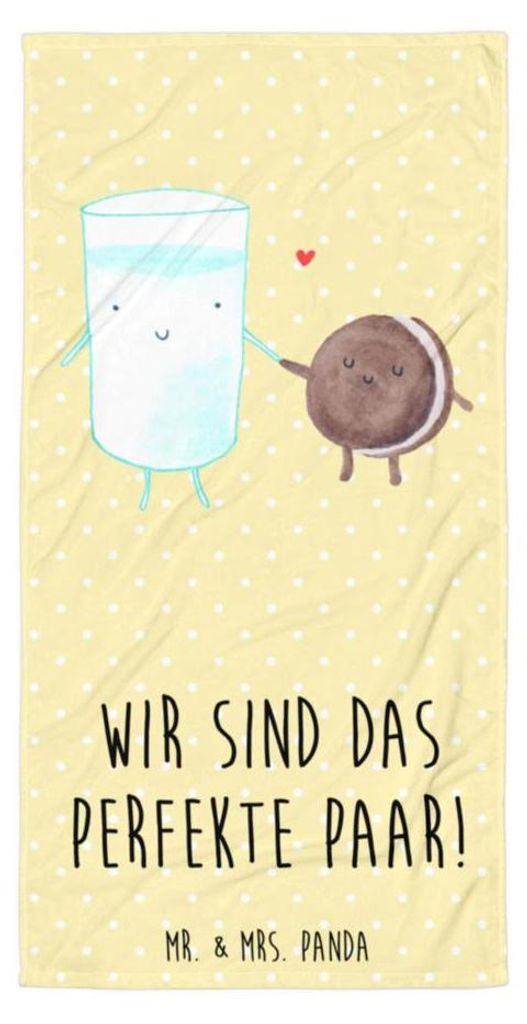 Mr. & Mrs. Panda Reisehandtuch Milch Keks - Gelb Pastell - Geschenk, Duschtuch, Strandtuch, Cookie, Kaffee, Badehandtuch, Lustige Sprüche, Handtuc...