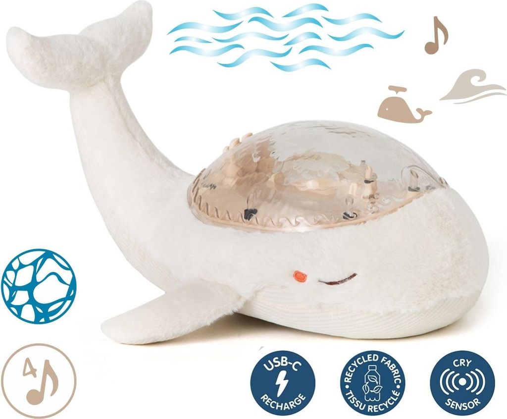 A plush white whale toy with a translucent dome on its back, surrounded by graphic elements representing water and music.