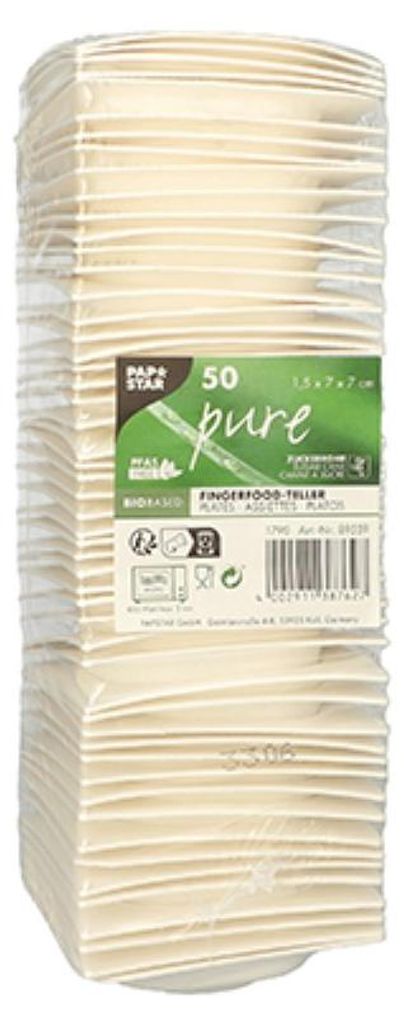 PAPSTAR Fingerfood Teller eckig, Zuckerrohr "pure", weiß, 7x7 cm | Schrumpffolie (50 Stück)