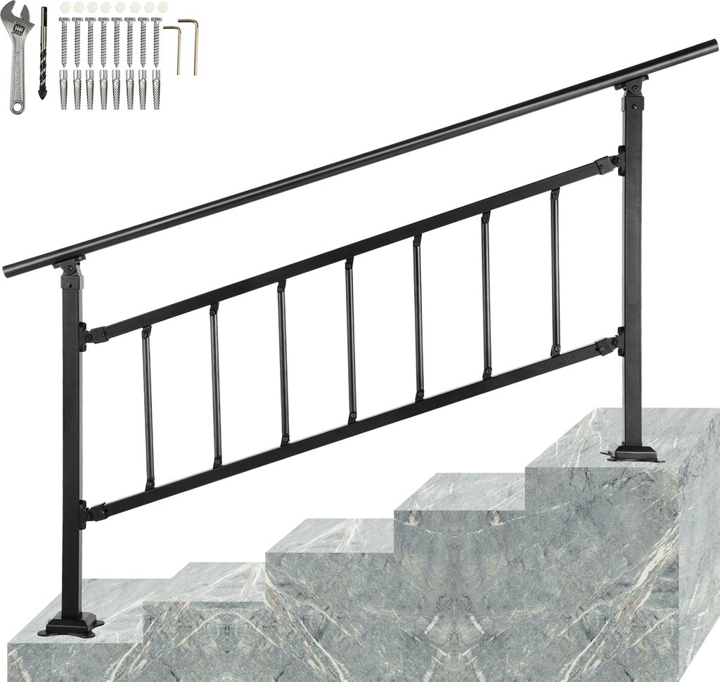 A black metal handrail for stairs is shown installed on marble steps, with installation hardware and tools displayed in the upper left corner.