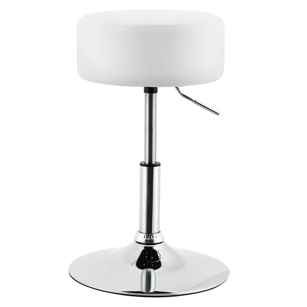 A white, round, adjustable height stool with a silver chrome base and stem, presented against a white background.