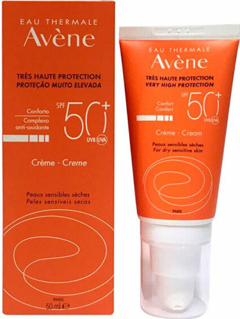 A product shot of an orange sunscreen tube and its box.