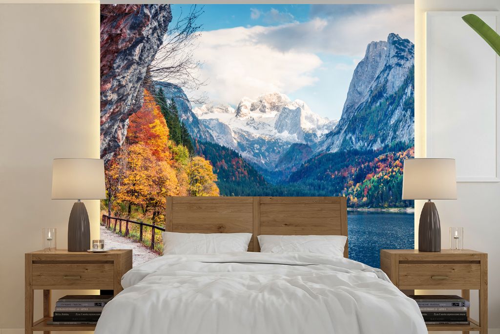 MuchoWow Fototapete für Wohnzimmer oder Schlafzimmer Wandtapete Vinyl Motivtapete Berge - See - Weg - Natur - Wasser - 220x220 cm - Tapeten