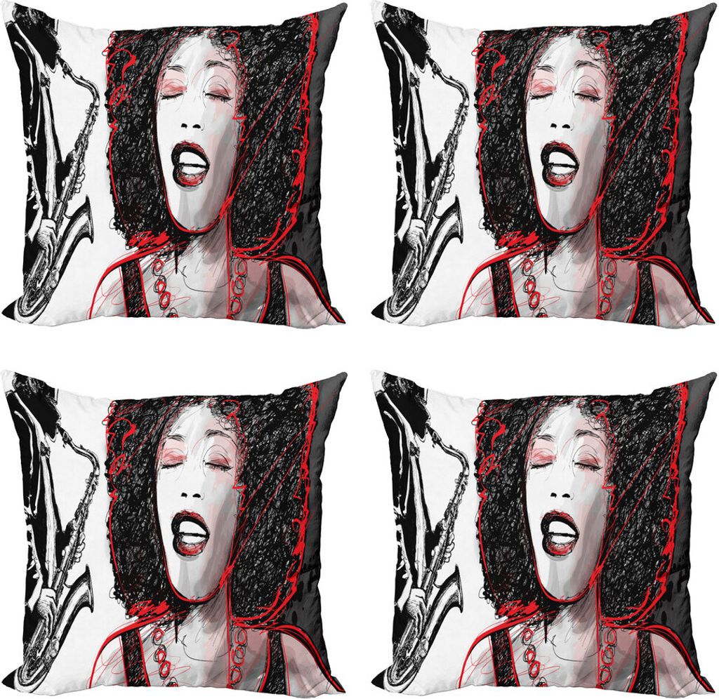 ABAKUHAUS afrikanisch Kissenbezug Set (4 Stück), Afro American Girl Sings, Moderner Doppelseitiger Digitaldruck, 50 cm x 50 cm, Schwarz Pale Grau