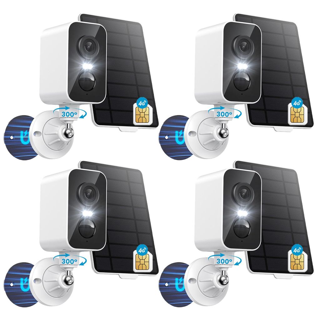 4 Stück 4G Überwachungskamera mit SIM Karte Magnetische Sicherheitskamera für Reisen ohne WLAN Kamera Solar PIR & Farbnachtsicht 300° Schwenkbe...