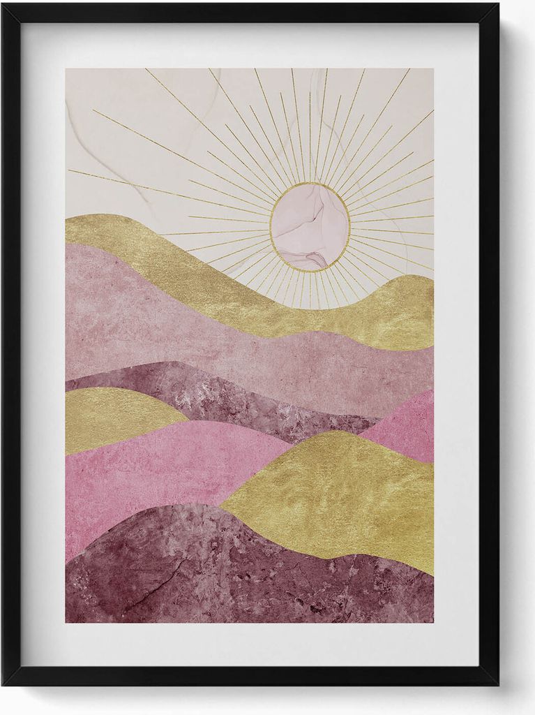Abstrakte Landschaft mit goldenen Bergen und Sonne– Wandbild mit Rahmen – Gerahmtes Bild – Wanddekoration – 50x70 cm – Schwarz Rahmen