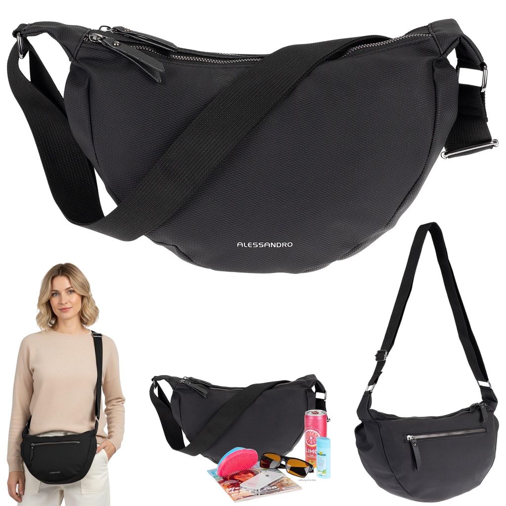 Handtasche Damen Schultertasche Freizeittasche Mond Form Tasche Bag Moon Schlinge Slingbag Alessandro Sarah Crossbody 4431 Black Schwarz + Etui