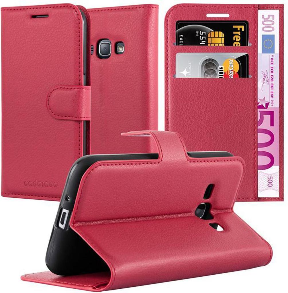 Cadorabo Hülle für Samsung Galaxy J1 2015 Schutz Hülle in Rot Handyhülle Etui Case Cover Magnetverschluss