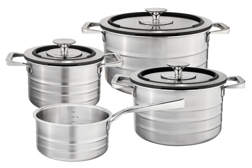 A set of four stainless steel pots and pans with lids, arranged on a white background.