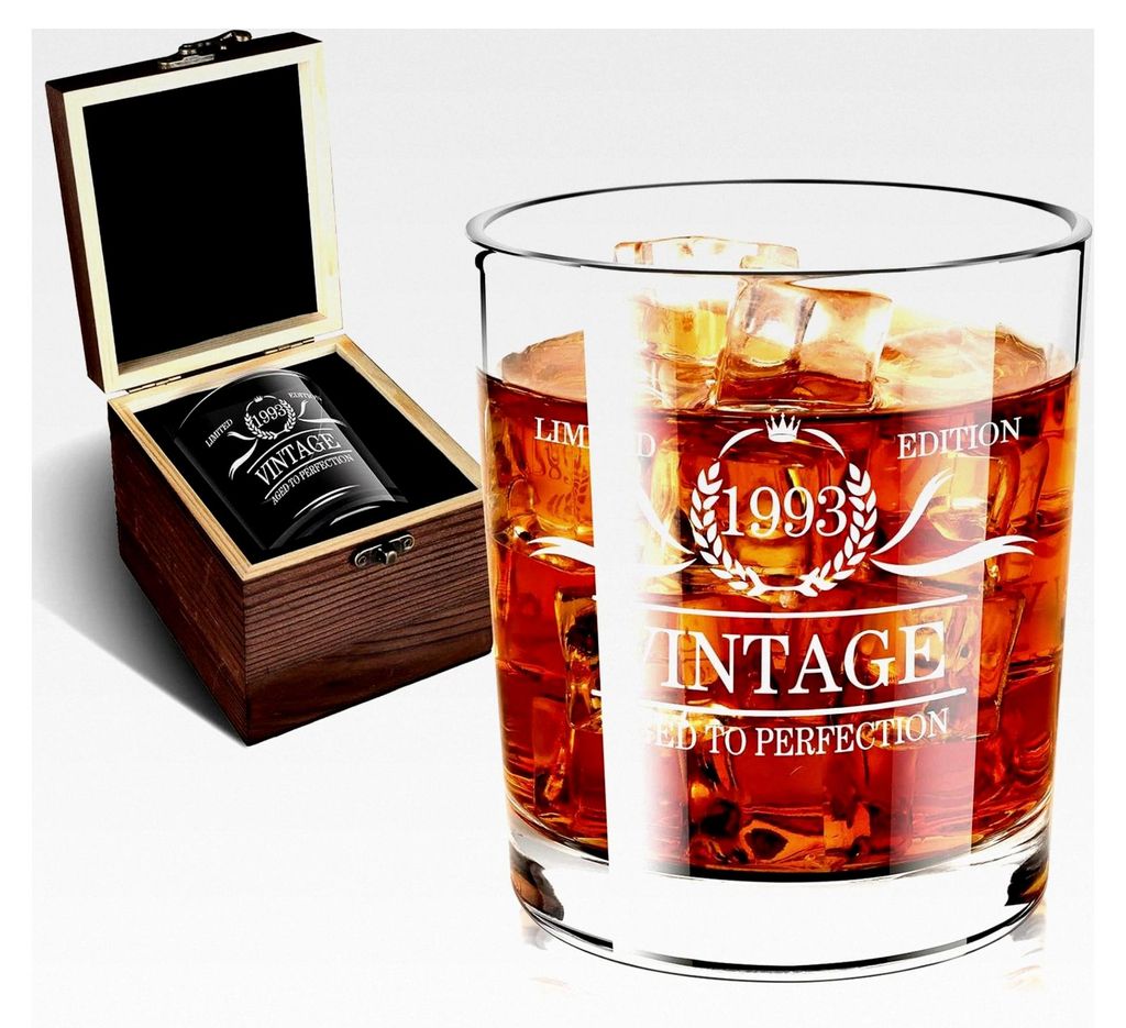 Geschenke zum 30. Geburtstag für Männer – Dekorationen zum 30. Whiskeyglas 1993 in Holzbox – Ideen für Jahrestage für ihn, Vater, Ehemann, ...