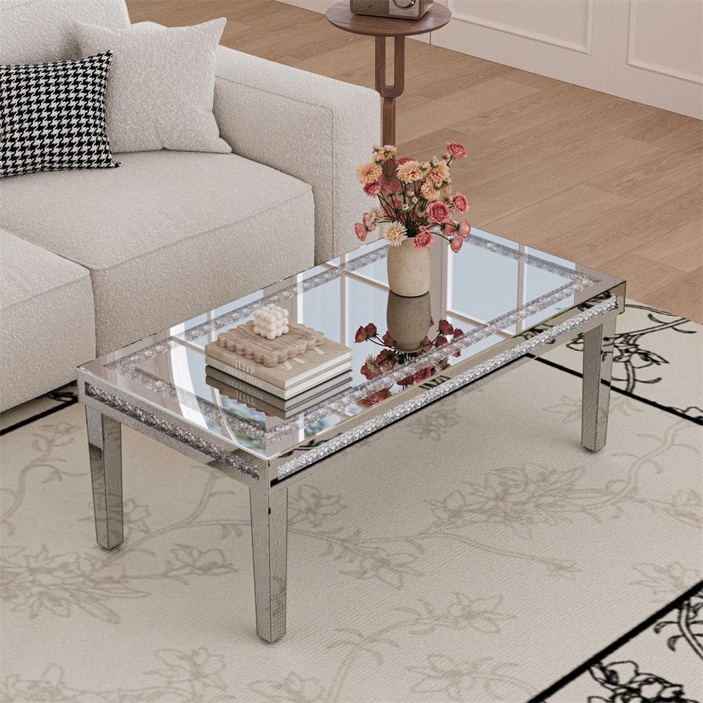 WISFOR Couchtisch Glas silber Modern mit zerkleinerter Diamant-Einlage und vier konischen Glasbeinen, 120 x 60 x 45 cm