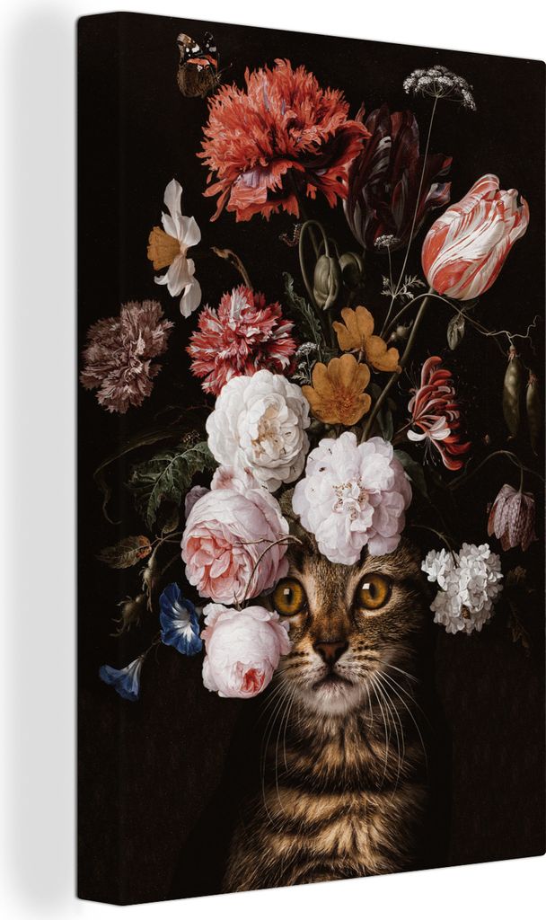 OneMillionCanvasses - Leinwandbilder - 90x140 cm, Stillleben mit Blumen - Jan Davidsz de Heem - Katze, Wandbilder Kunstdruck Wanddekoration - Fot...
