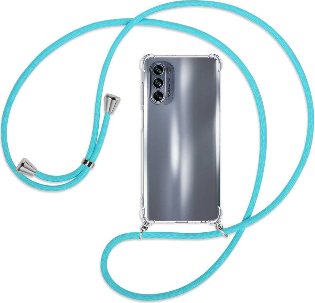 Handykette Backcover-Schutzhülle mit Band (Metall silberfarben) für Motorola Moto G62 5G (6.5'') - türkis
