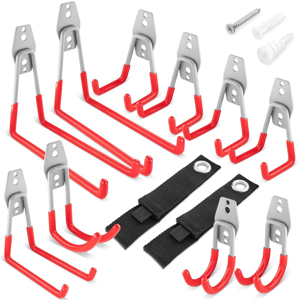 10x Wandhaken Garage, Schwerlast Doppelhaken, 5 Größen (Formen: U, J), 2 Organizer-Gurte, rot