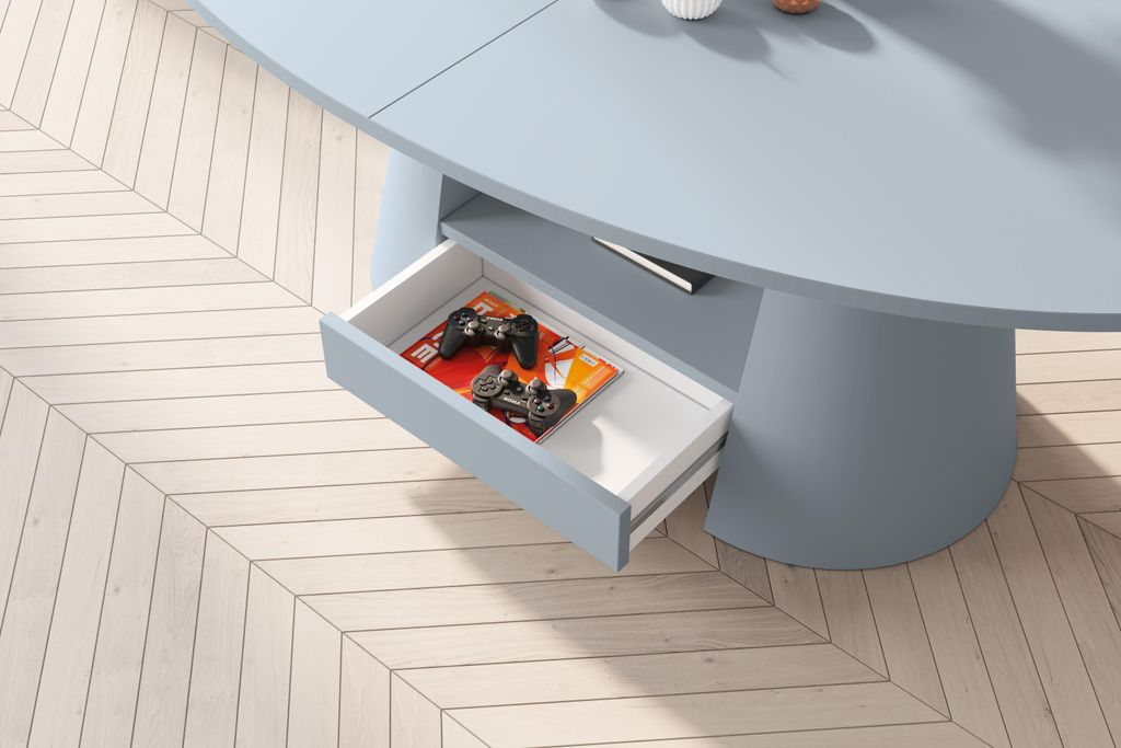 Design Couchtisch oval Calabrio stufenlos höhenverstellbar ausziehbar Schublade Tisch Esstisch