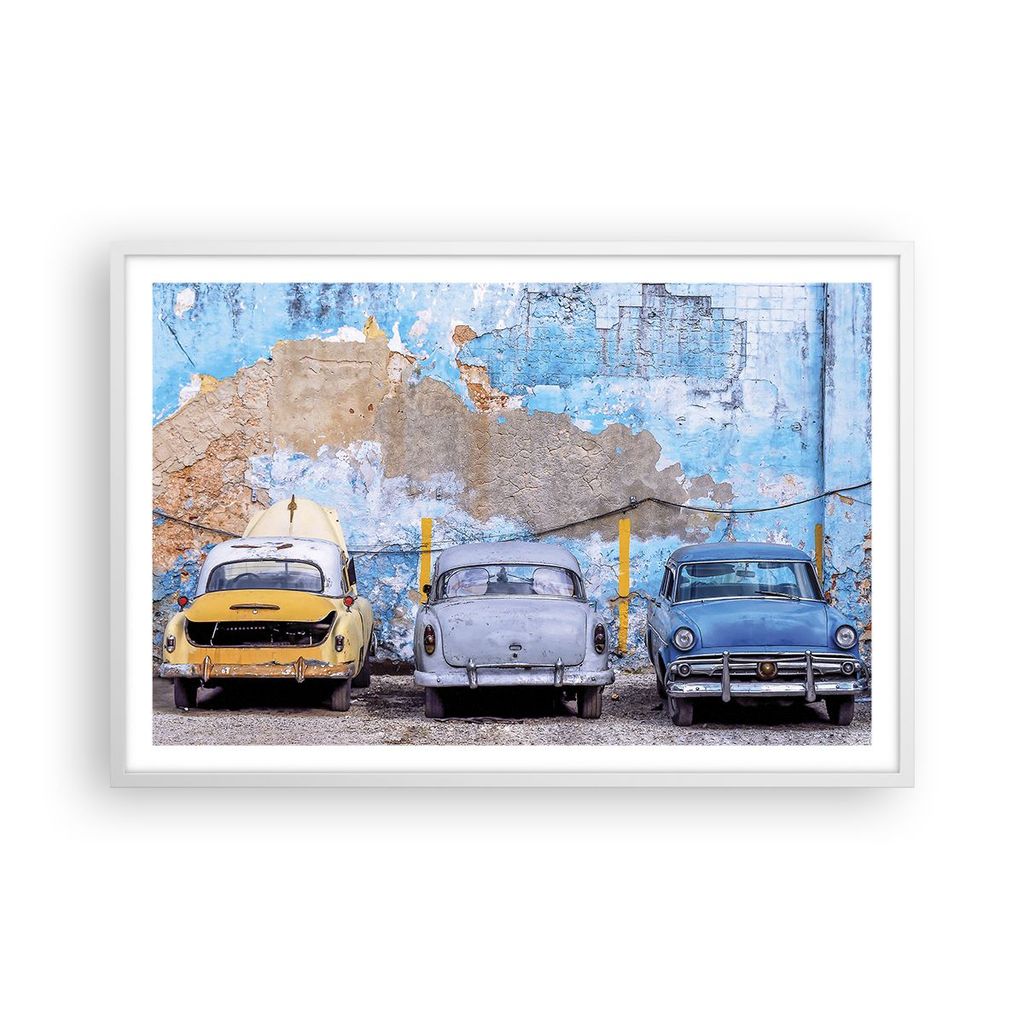 Gerahmtes Poster - Weißer Rahmen - Havanna Oldtimer Autos - 91,5x61 cm - Wand Bild - Wanddeko - Wandbilder - Kunstposter - Wandposter - Bilderrahm...