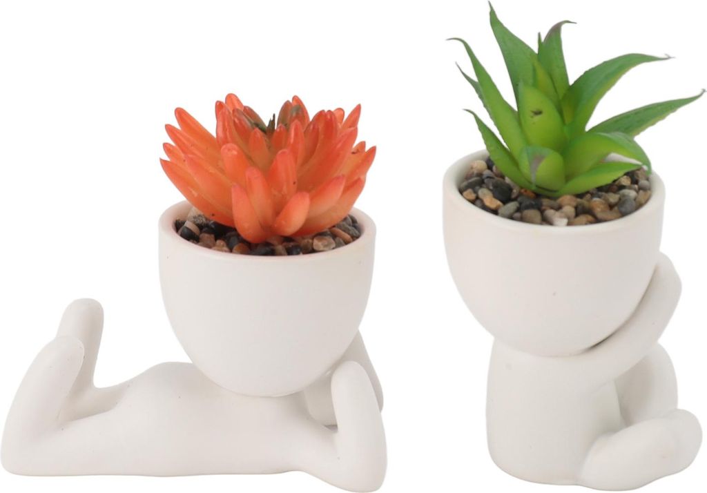 2er Set Künstliche Sukkulenten im Menschlichen Design – Mini Dekorative Pflanzentöpfe für Zuhause, Schreibtisch, Weiß