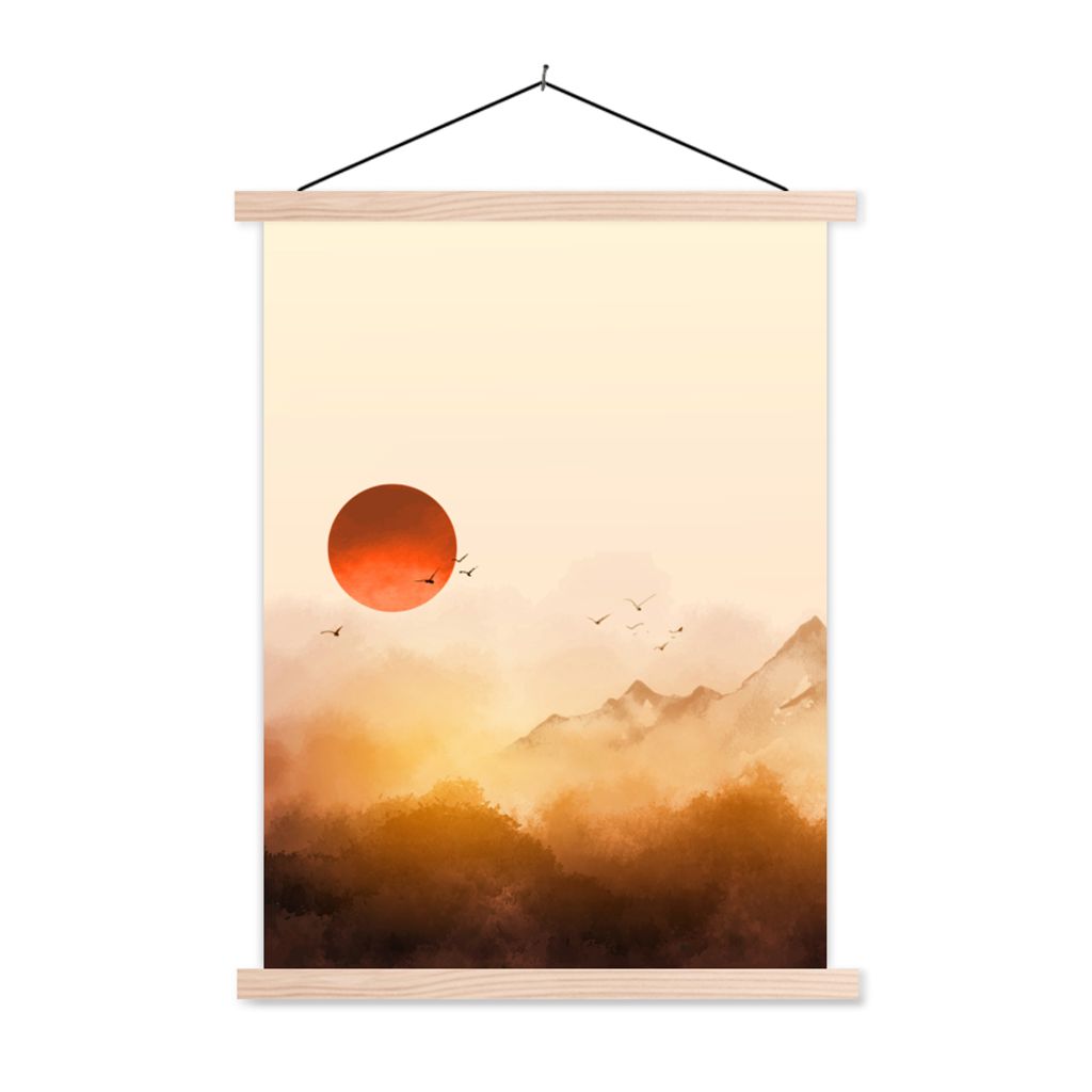 MuchoWow Textilposter Malerei - Sonne - Landschaft - Vögel 120x160 cm mit holzfarbenen Rahmen - Plakatkarton