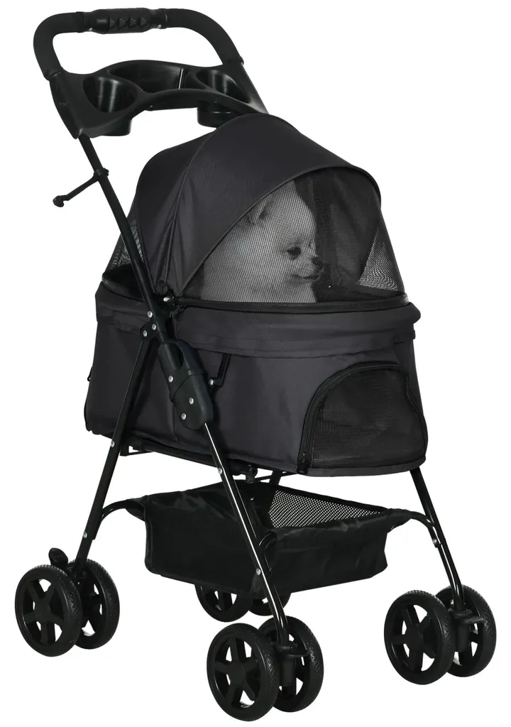 Chariot pour chien noir pliable 67x45x96 cm avec panier de rangement
