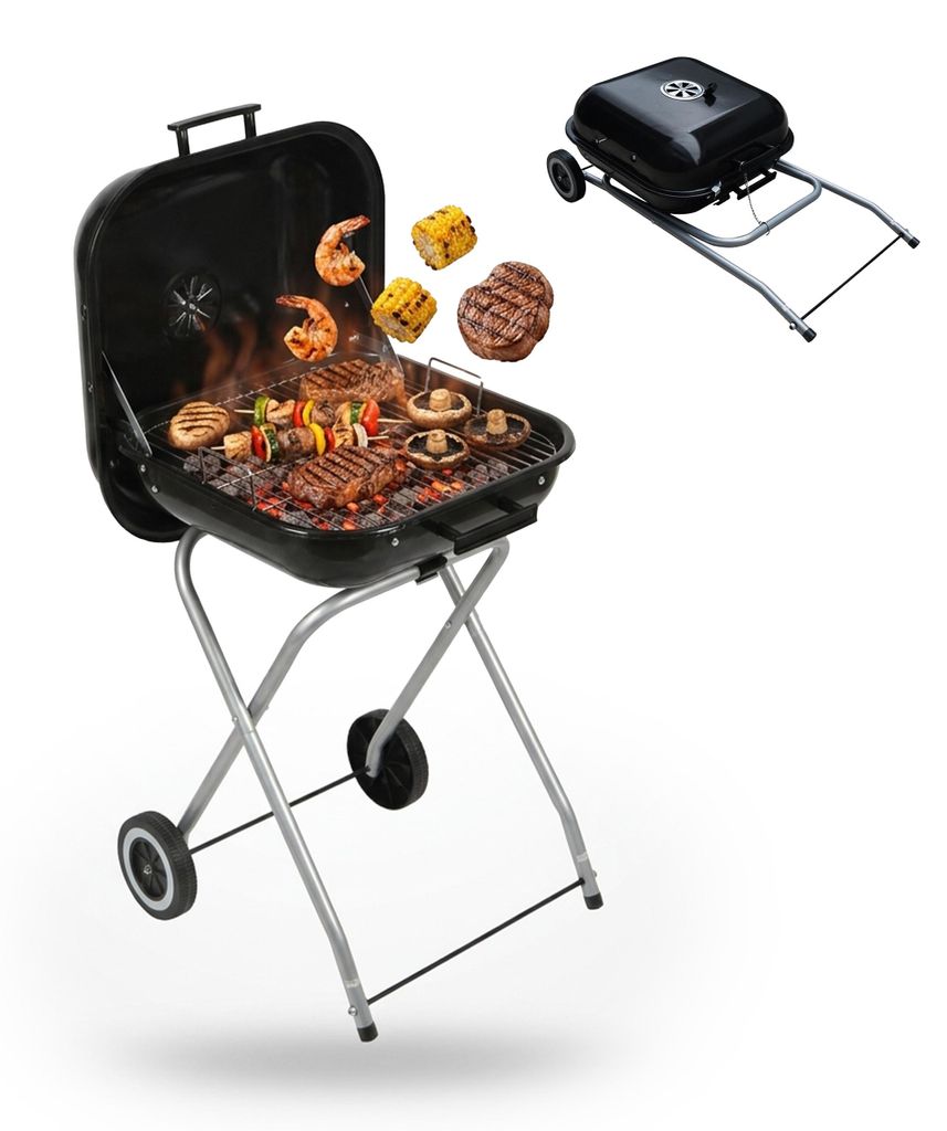 Relaxdays mobiler Holzkohlegrill mit Deckel & Rollen, faltbarer Campinggrill, Balkon, Garten & Park, Standgrill, schwarz