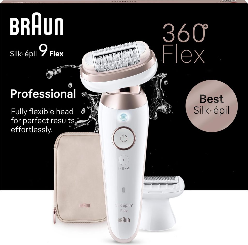 A Braun Silk-épil 9 Flex epilator is displayed with its accessories and marketing text.