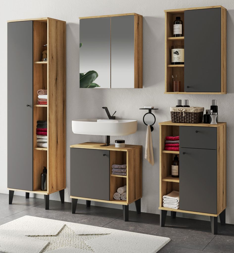 Badmöbel-Set Torsby, Badezimmer Eiche mit grau, Komplett-Set, mit extra viel Stauraum und LED