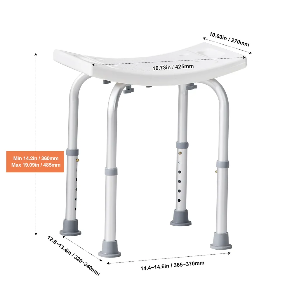 VEVOR sgabello da doccia sedia da doccia 360-485 mm regolabile in altezza, sgabello da bagno sedile da bagno 158,8 kg capacità di carico, stabile sgabello da doccia ausilio da bagno telaio in lega di alluminio, sedile da doccia sgabello da bagno bianco - 8